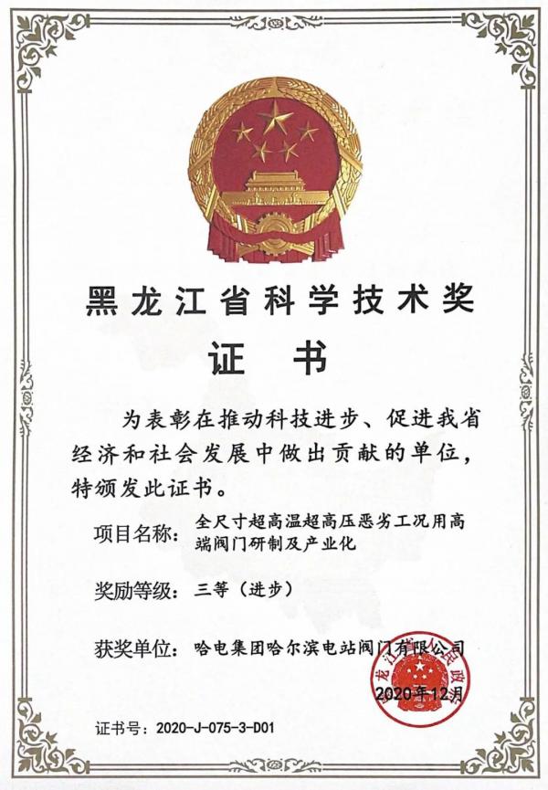 哈電閥門(mén)重點(diǎn)項(xiàng)目獲得黑龍江省科技進(jìn)步三等獎(jiǎng)
